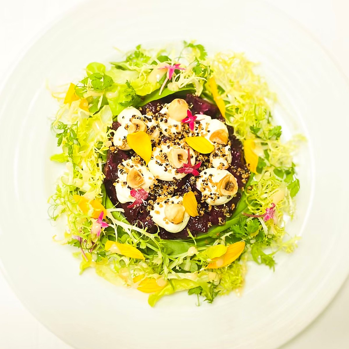 Beetroot salad with whipped cheese, hazelnuts and petals