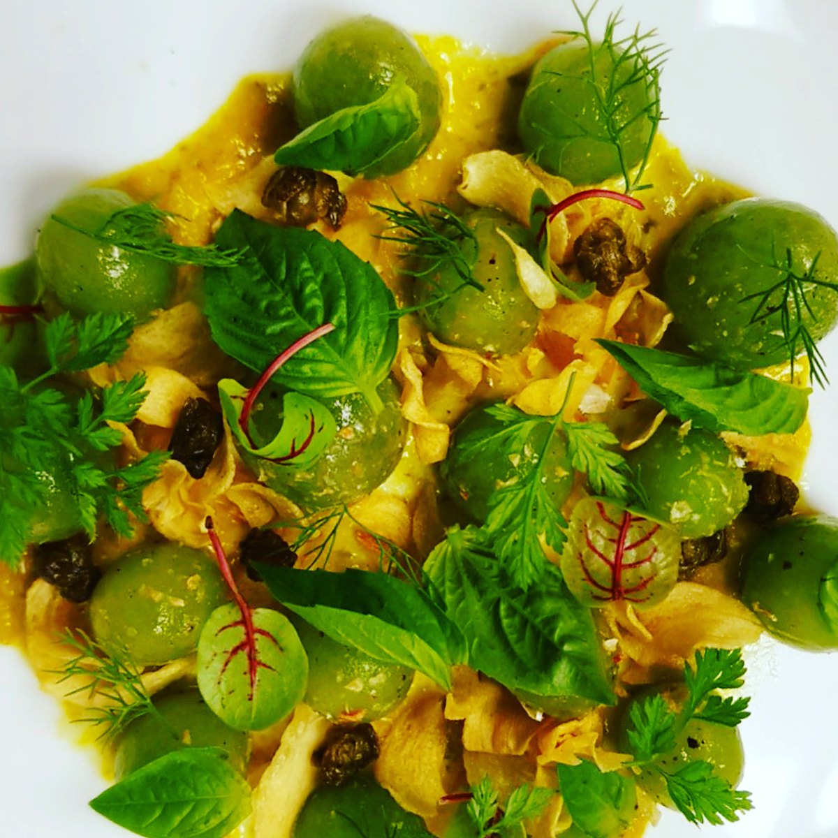 Green tomatoes with herbs, capers and saffron