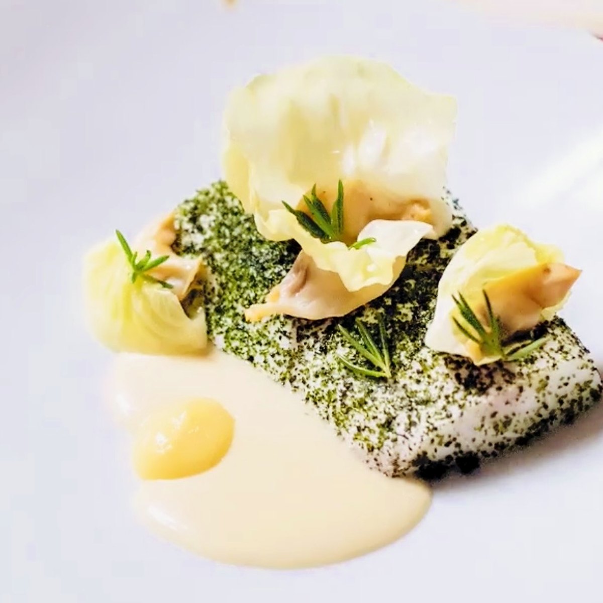 Herb-crusted fish with clams and cabbage