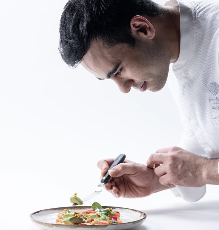 Plating avocado and tomato at Mandarin Oriental Bangkok